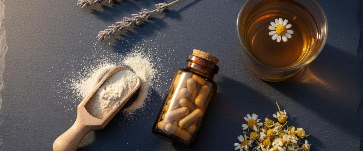 Natural sleep supplements flat lay - magnesium, chamomile, lavender