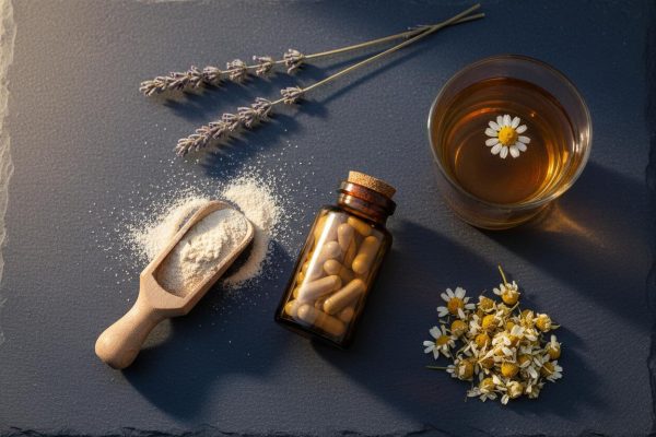 Natural sleep supplements flat lay - magnesium, chamomile, lavender