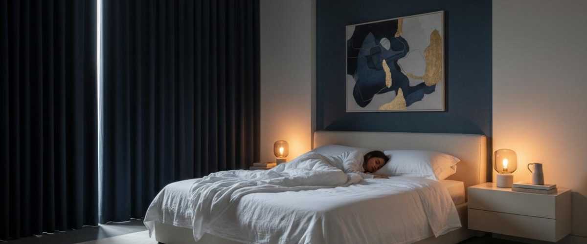 Peaceful bedroom scene with person sleeping - sleepmaxxing guide