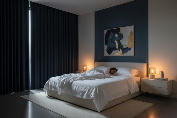 Peaceful bedroom scene with person sleeping - sleepmaxxing guide